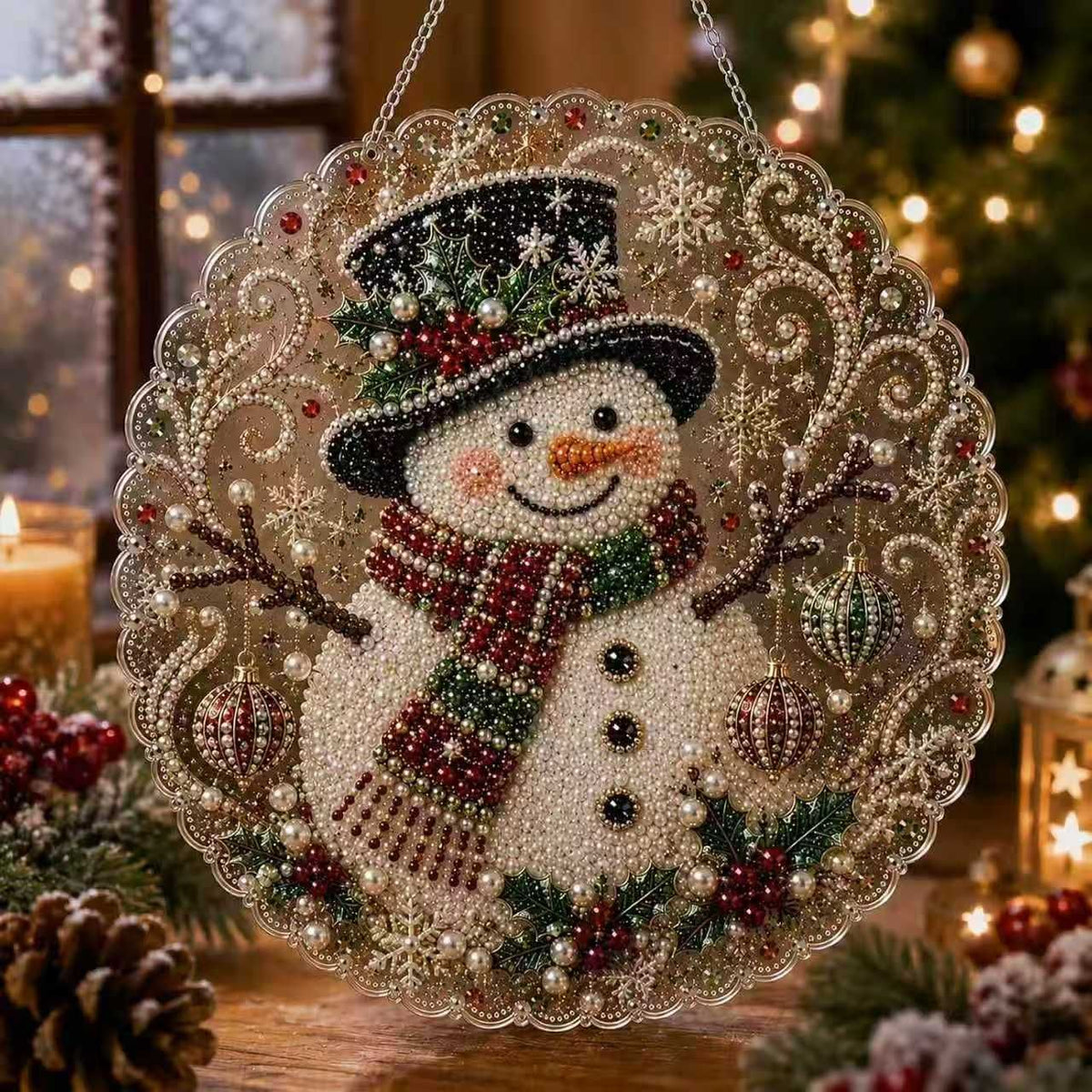 Acrylic Pearl Painting Ornament 20x20cm Stretched Frame Pearl Tools Christmas Snowman Perfect Christmas Gift