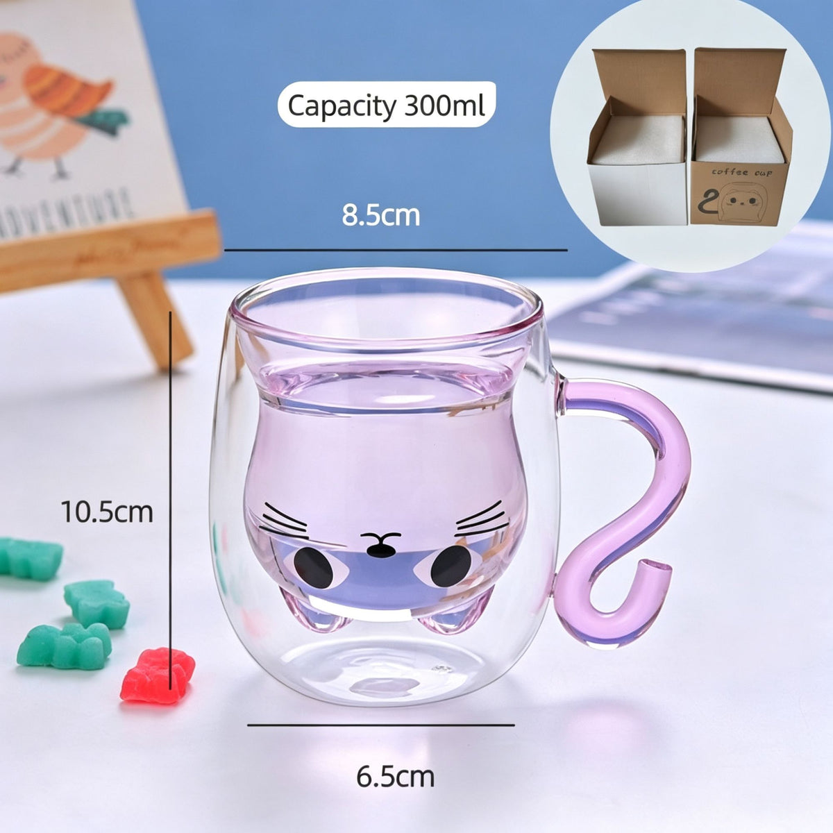 Cute Cartoon Cat Double Wall Glass Tumbler High Borosilicate Drink Cup with Handle Pink Cat Pearl Cotton + Paper Box Great Christmas Present