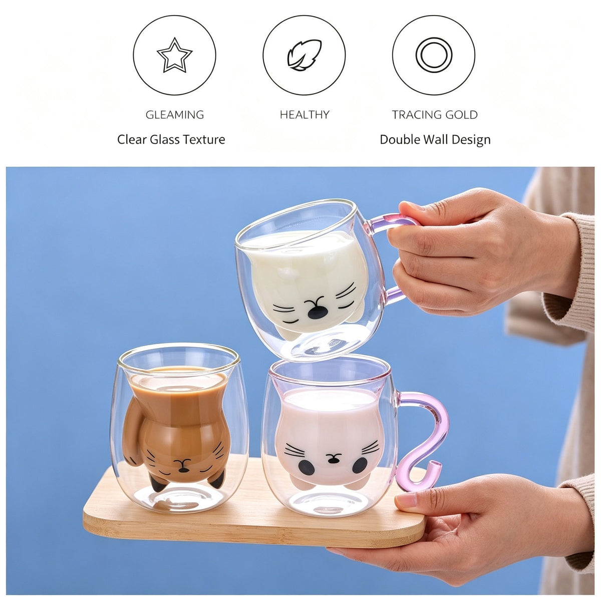 Transparent Cartoon Cat Double Wall Glass Cup High Borosilicate Insulated Beverage Mug Pearl Cotton + Paper Box Popular Christmas Holiday Gift