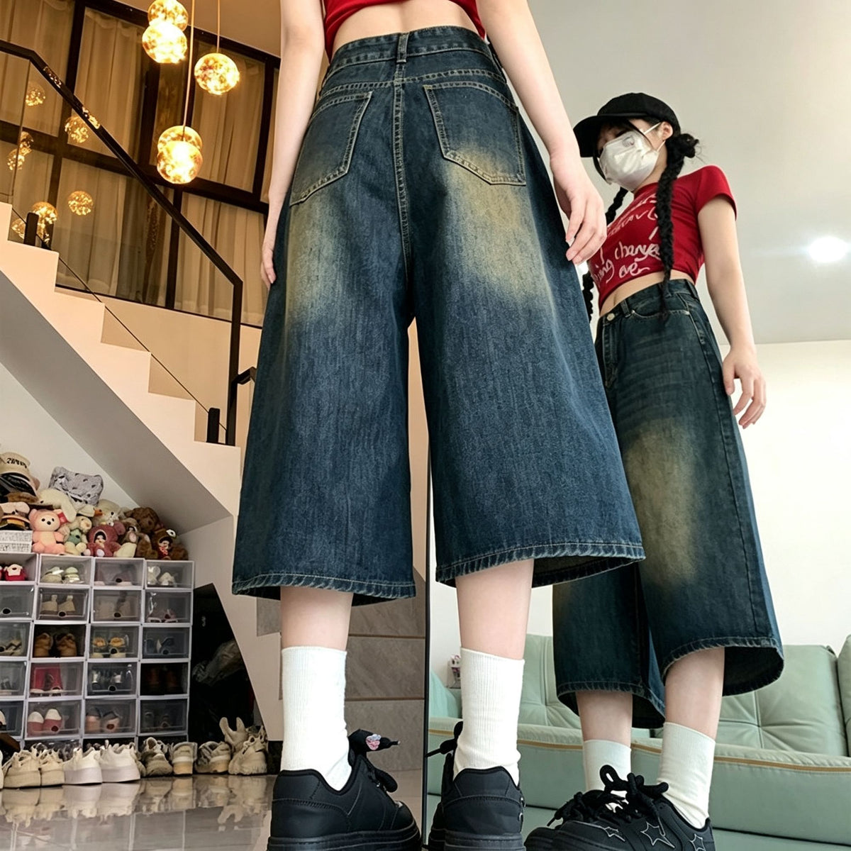 Ladies High Waist Straight Cropped Jeans Casual Loose Wide Leg Denim Trousers Vintage Blue S Suitable for Christmas Gifting
