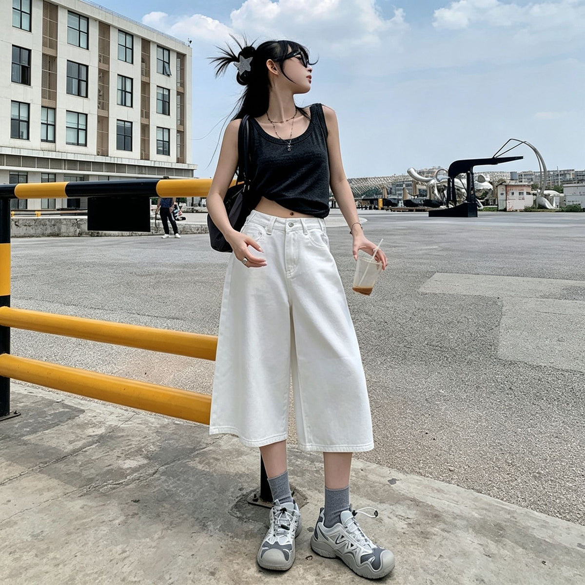 Ladies High Waist Straight Cropped Jeans Casual Loose Wide Leg Denim Trousers Vintage Blue S Suitable for Christmas Gifting
