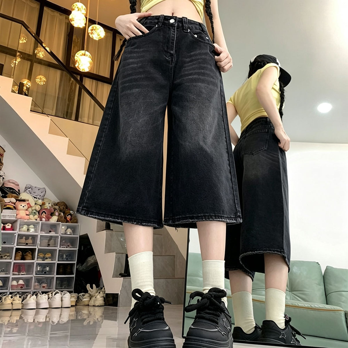 Women's High Waisted Straight 7/8 Jeans Loose Fit Casual Wide Leg Denim Dark Grey XL Great Christmas Present