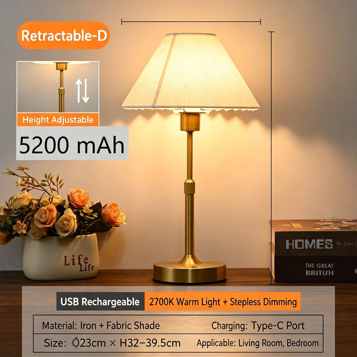 5200mAh Gold D1 Retractable Fabric Lamp | Christmas Premium Decor Gift