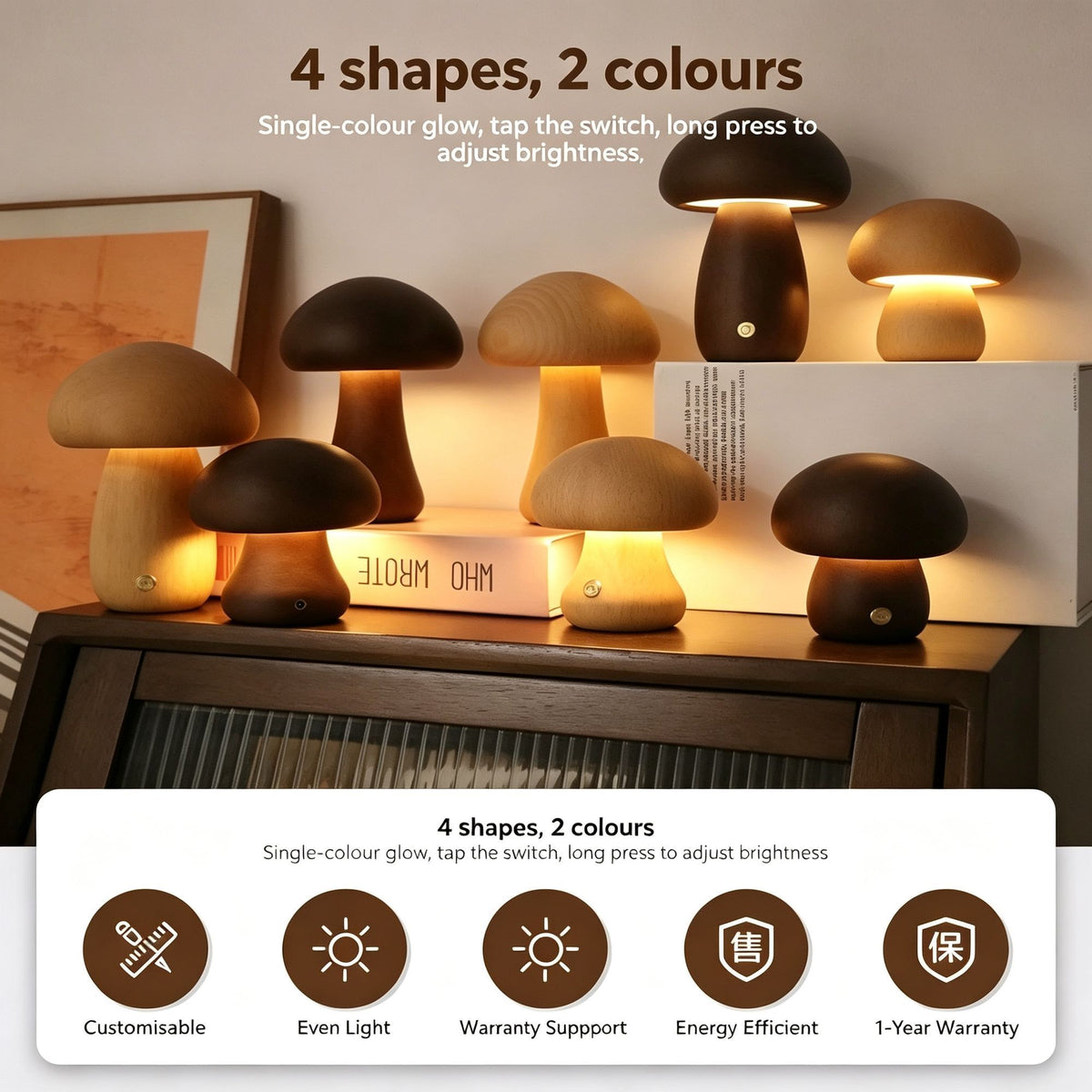 Warm White B-Style Beech Mushroom Night Light | Rustic Wooden Sleep Lamp | Christmas Rustic Bedside Gift