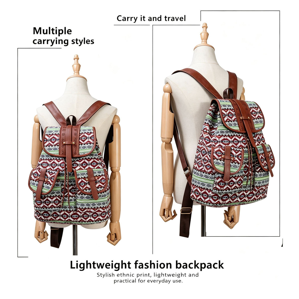 Style A Green Red Boho Backpack | Vintage Drawstring Rucksack | Christmas Daily Commute Gift | Large Capacity Casual Women School Shoulder Bag