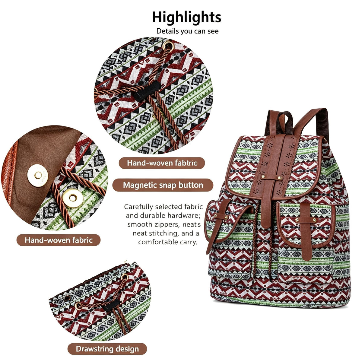Style A Green Red Boho Backpack | Vintage Drawstring Rucksack | Christmas Daily Commute Gift | Large Capacity Casual Women School Shoulder Bag