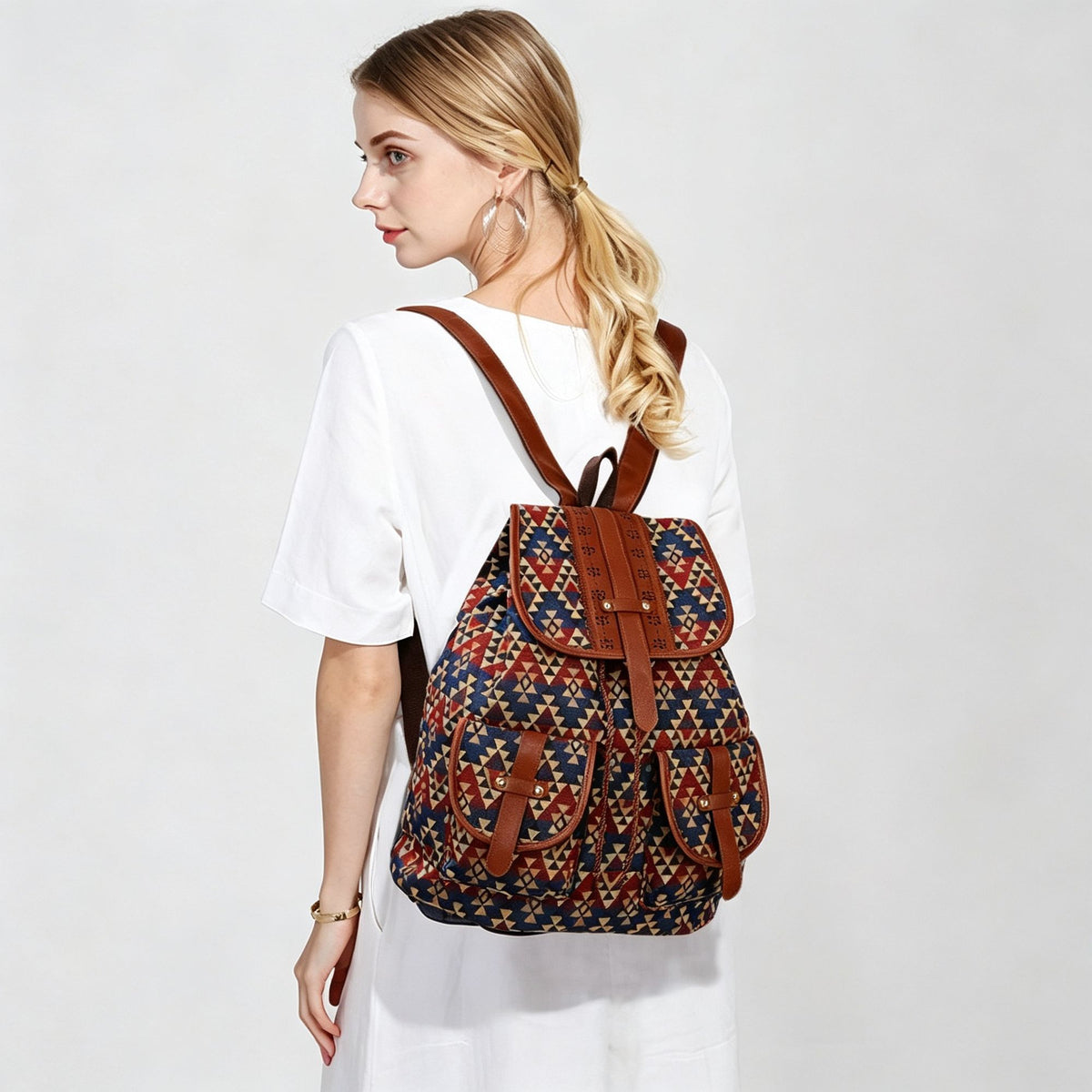 Style A Green Red Boho Backpack | Vintage Drawstring Rucksack | Christmas Daily Commute Gift | Large Capacity Casual Women School Shoulder Bag