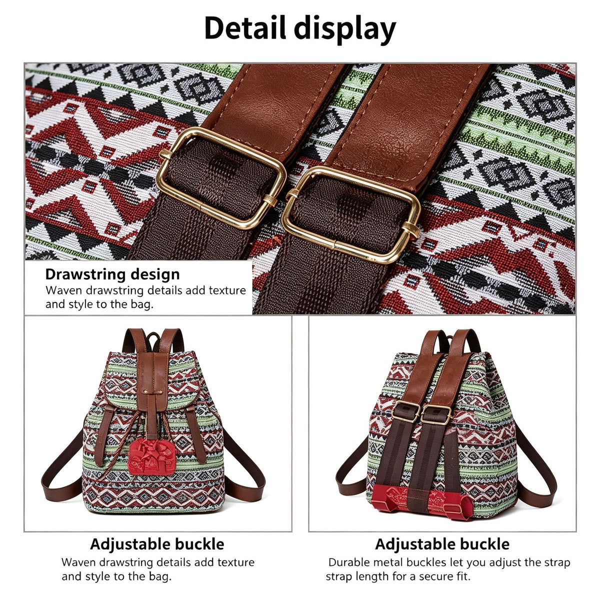 Style A Green Red Boho Backpack | Vintage Drawstring Rucksack | Christmas Daily Commute Gift | Large Capacity Casual Women School Shoulder Bag