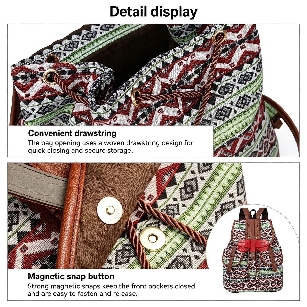 Style A Green Red Boho Backpack | Vintage Drawstring Rucksack | Christmas Daily Commute Gift | Large Capacity Casual Women School Shoulder Bag