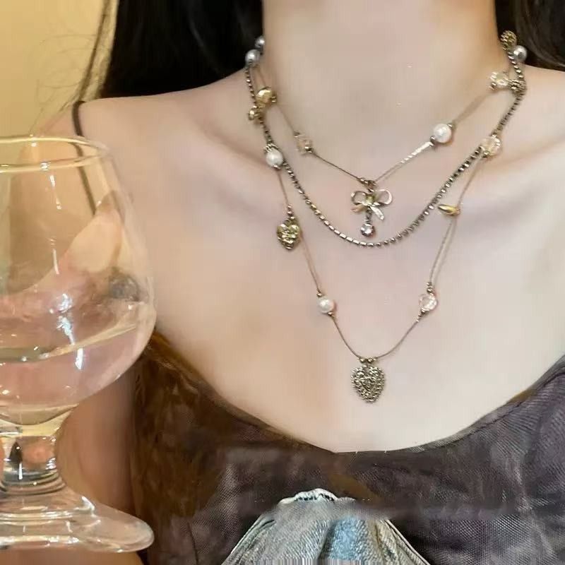 Vintage Layered Style | Retro Y2K Long Beaded Necklace | Christmas Nostalgic Retro Gift | Classic Stacked Clavicle Chain Trendy Spicy Girl Accessory
