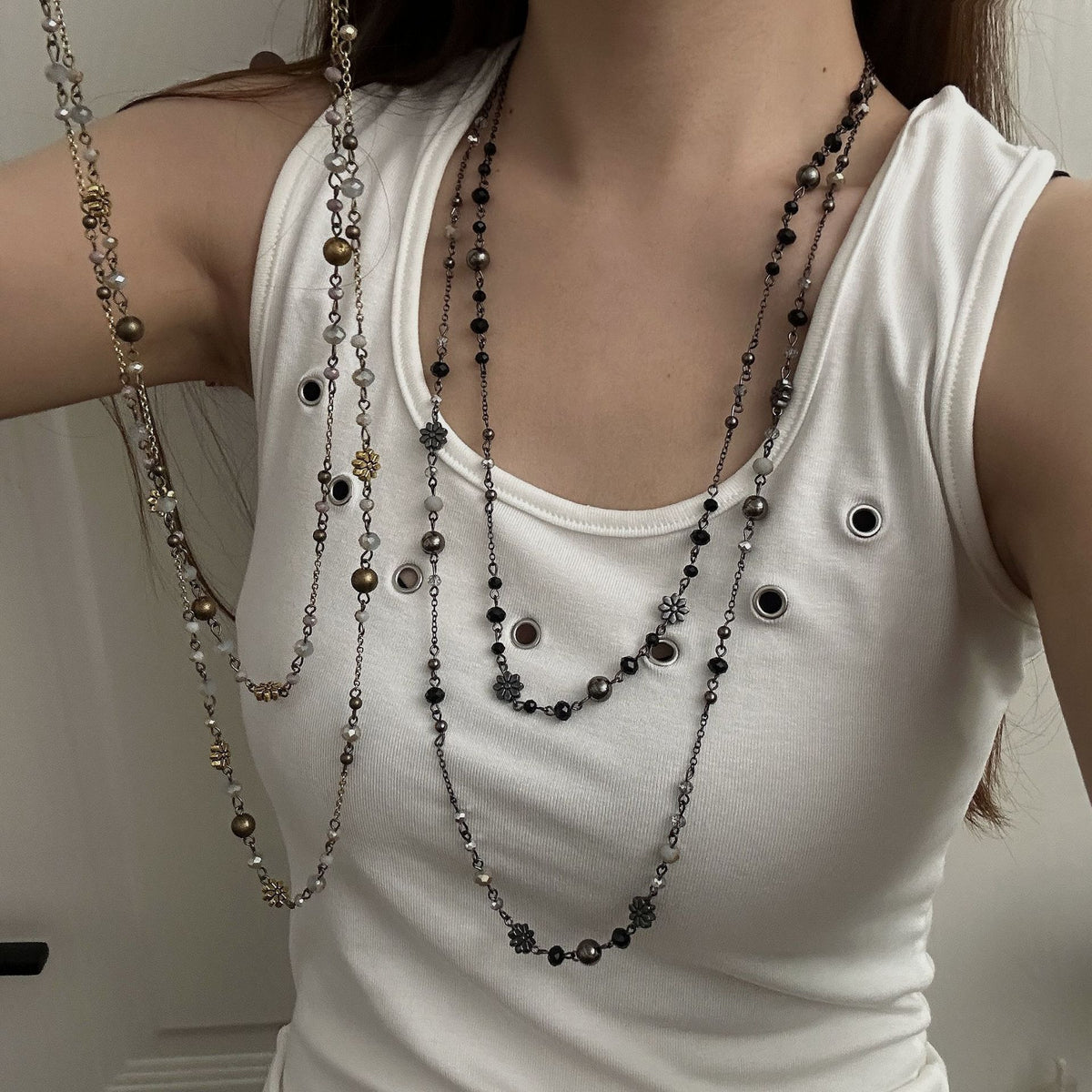 Vintage Layered Style | Retro Y2K Long Beaded Necklace | Christmas Nostalgic Retro Gift | Classic Stacked Clavicle Chain Trendy Spicy Girl Accessory