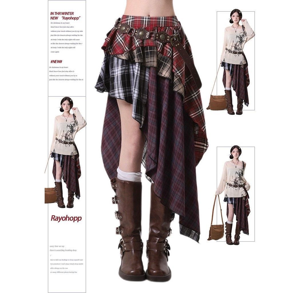 Plaid Size L | Vintage Plaid High Waist Skirt | Christmas Figure-Flattering Gift | Tummy Control Slimming Pleated Spicy Girl Mini Skirt