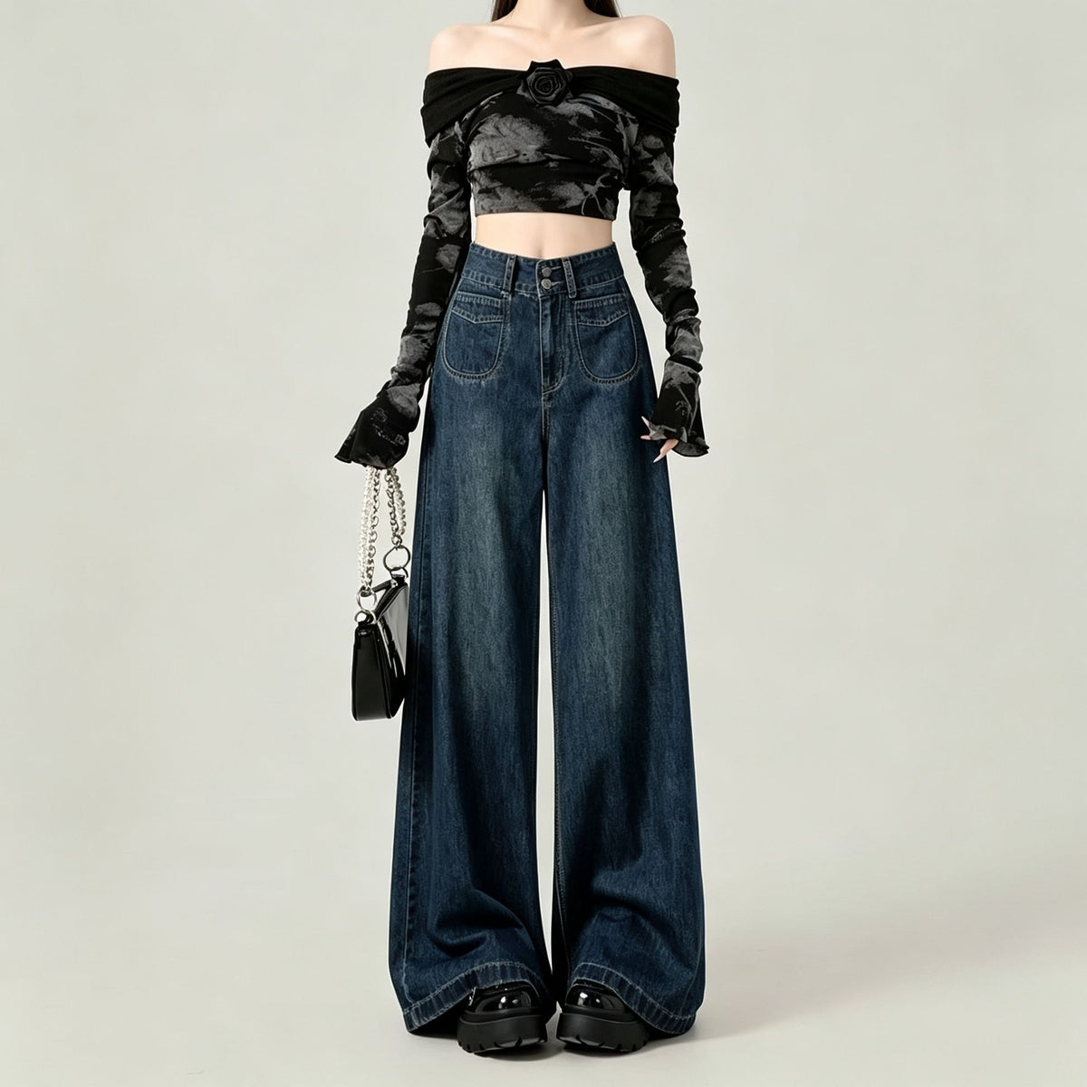 Vintage Blue Size M | Retro High Waist Straight Denim Jeans | Halloween Daily Versatile Gift | Double Button Loose Fit Wide Leg Casual Long Trousers