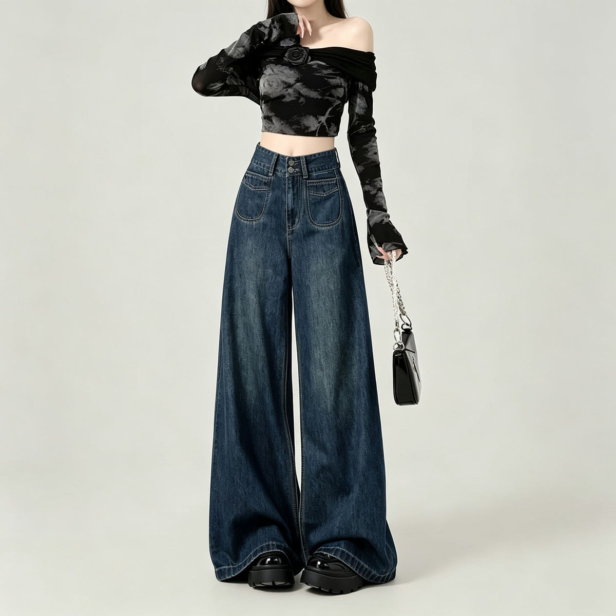 Vintage Blue Size M | Retro High Waist Straight Denim Jeans | Halloween Daily Versatile Gift | Double Button Loose Fit Wide Leg Casual Long Trousers
