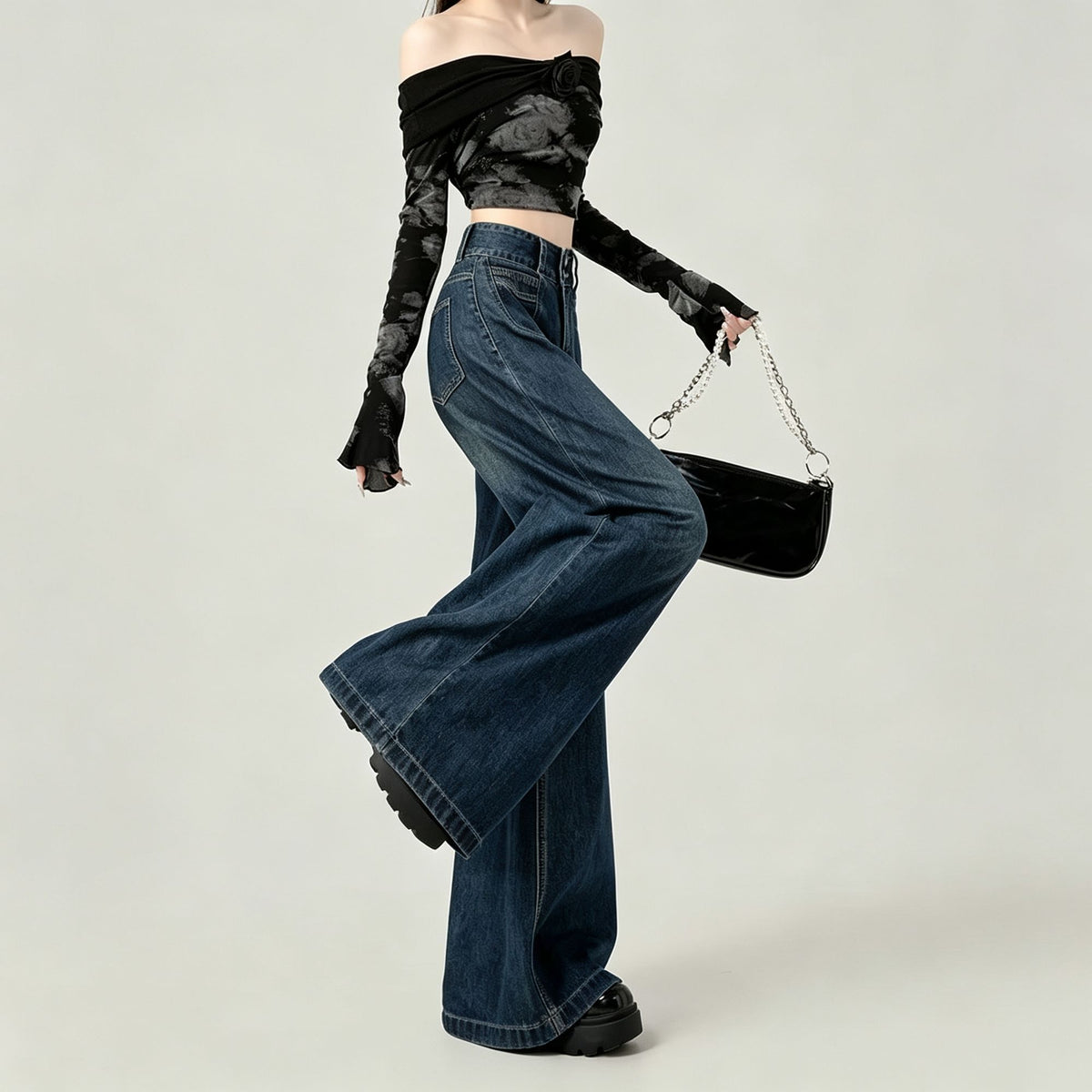 Vintage Blue Size M | Retro High Waist Straight Denim Jeans | Halloween Daily Versatile Gift | Double Button Loose Fit Wide Leg Casual Long Trousers