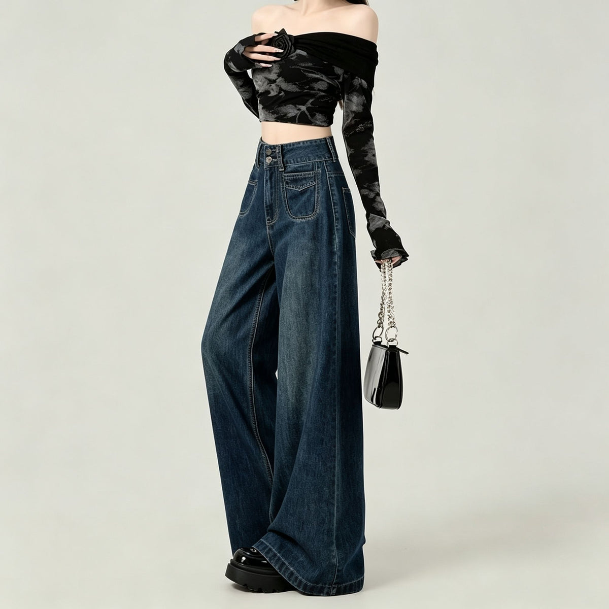 Vintage Blue Size M | Retro High Waist Straight Denim Jeans | Halloween Daily Versatile Gift | Double Button Loose Fit Wide Leg Casual Long Trousers