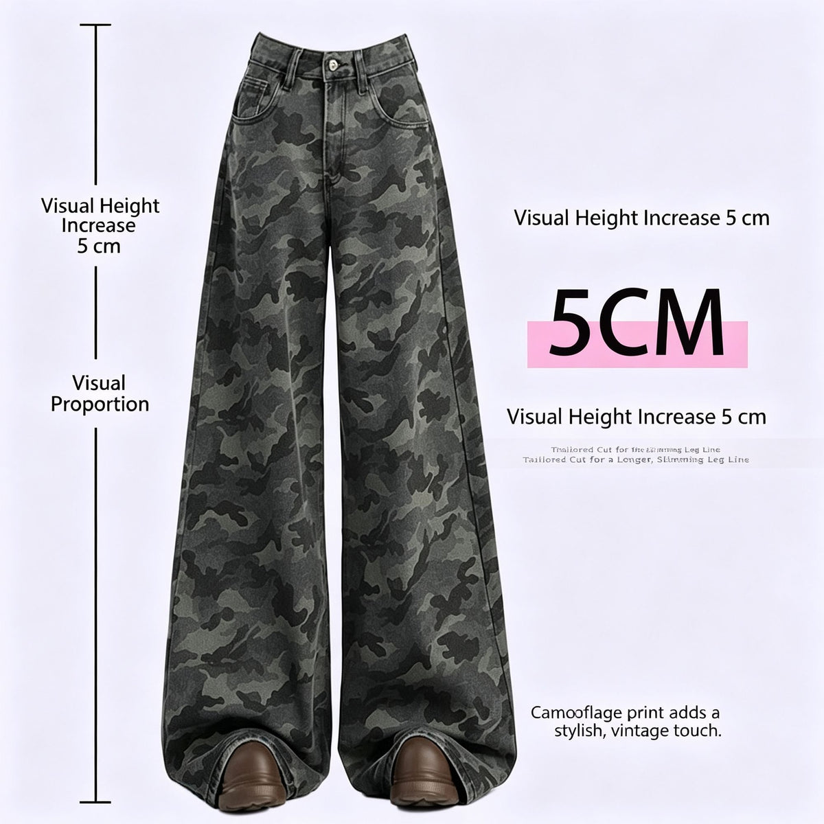 Camo Size XS | High Street Cargo Wide Leg Camo Jeans | Christmas Petite Cool Girl Gift | High Waist Draping Slim Fit Retro Casual Denim