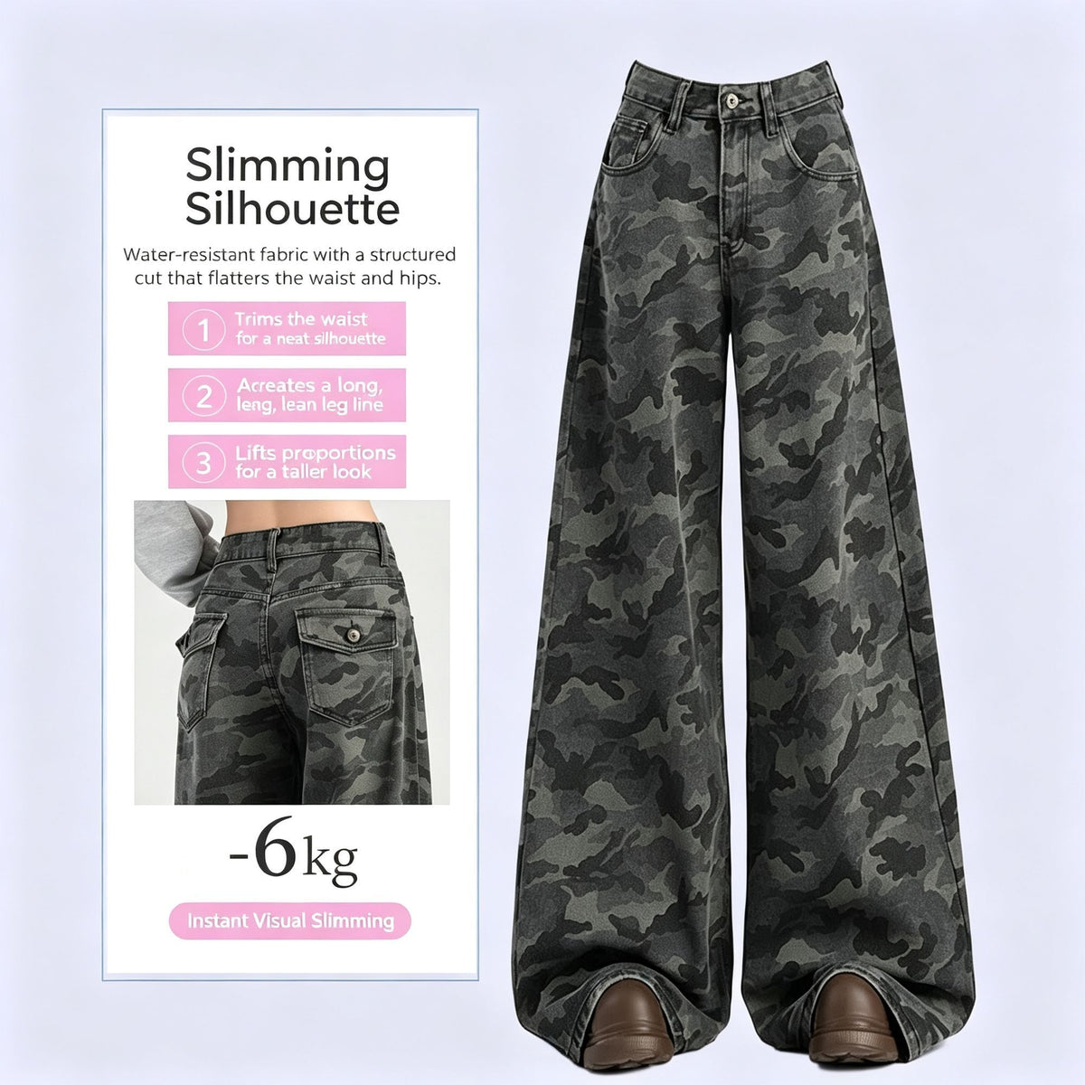 Camo Size XS | High Street Cargo Wide Leg Camo Jeans | Christmas Petite Cool Girl Gift | High Waist Draping Slim Fit Retro Casual Denim