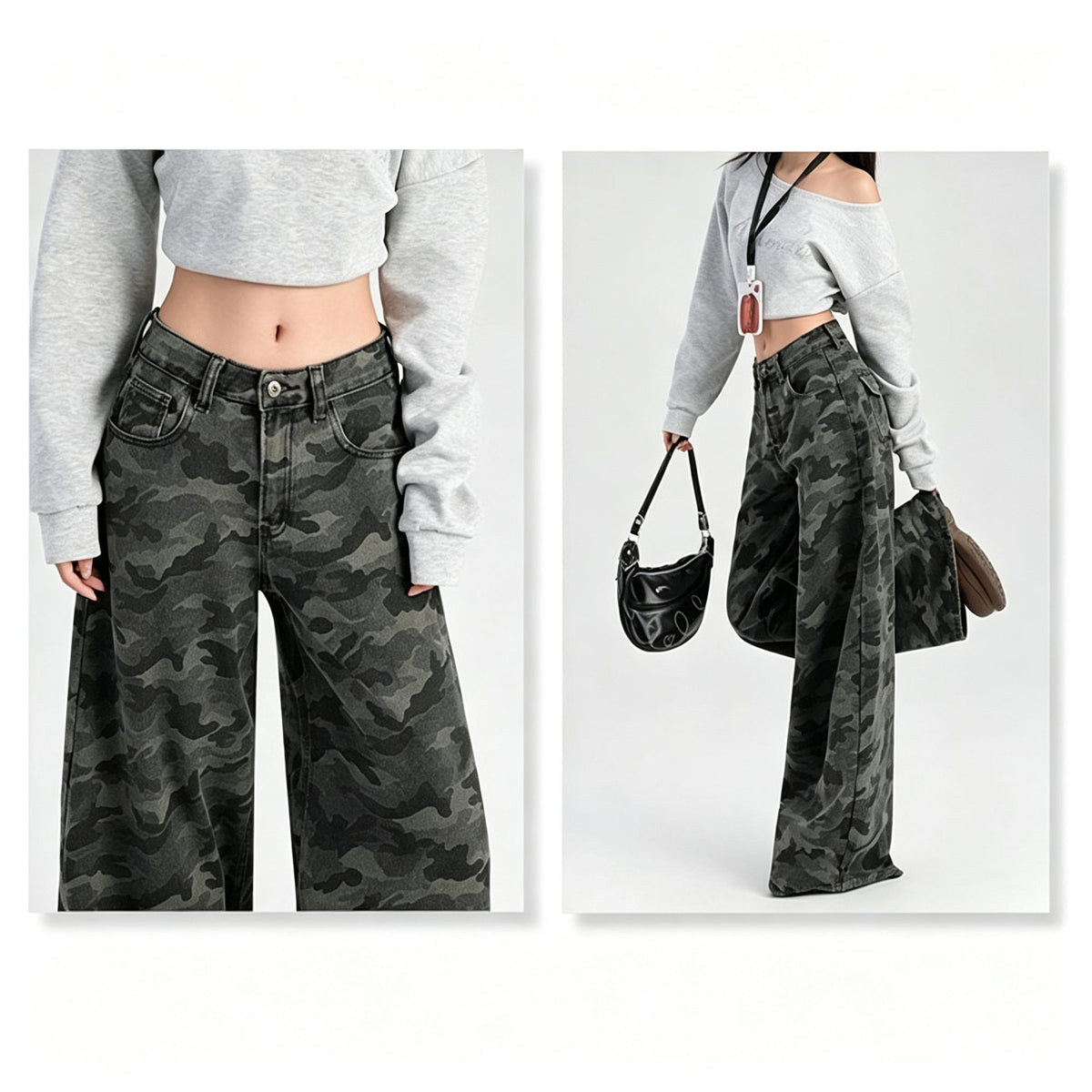 Camo Size XS | High Street Cargo Wide Leg Camo Jeans | Christmas Petite Cool Girl Gift | High Waist Draping Slim Fit Retro Casual Denim