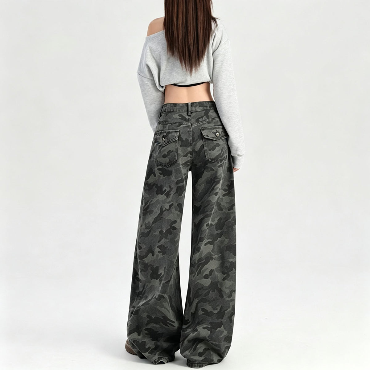 Camo Size XS | High Street Cargo Wide Leg Camo Jeans | Christmas Petite Cool Girl Gift | High Waist Draping Slim Fit Retro Casual Denim