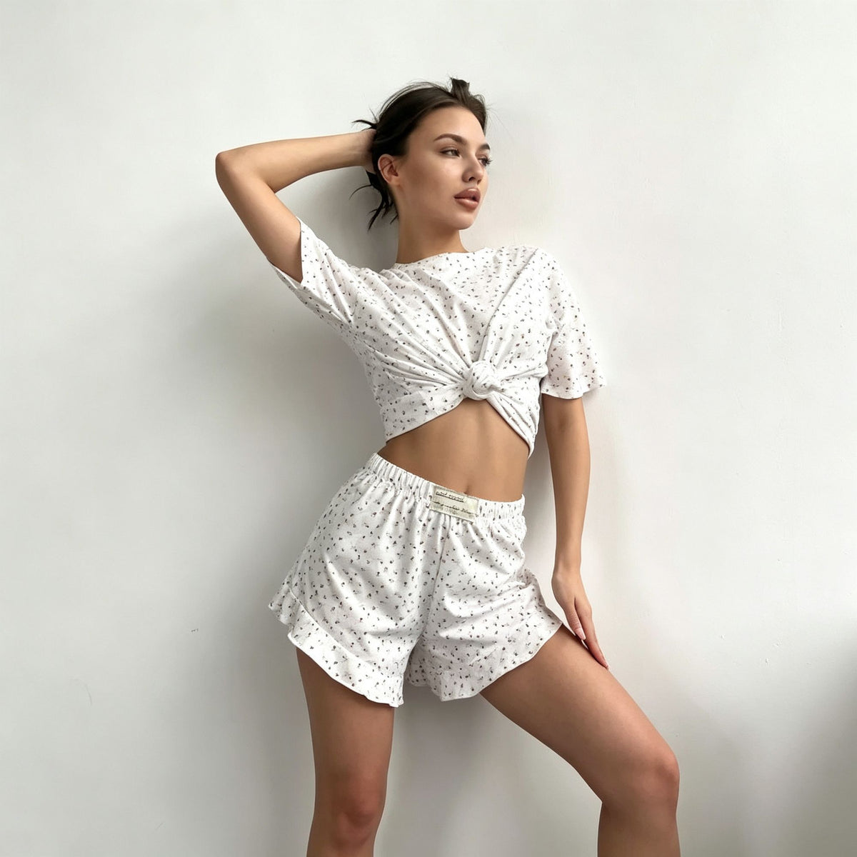 Blue Size L | Fresh Cotton Ruffle Pajama Set | Christmas Cooling Relaxed Gift | Round Neck Short Sleeve Breezy Wearable Loungewear