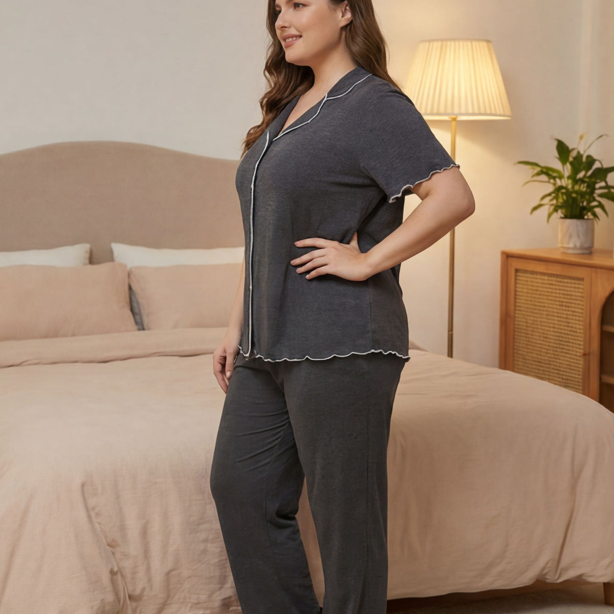 Chestnut Size 4XL | Extra Large Chestnut Pajamas | Christmas Cozy Relaxed Gift | Button Front Short Sleeve Loose Women's Loungewear Set