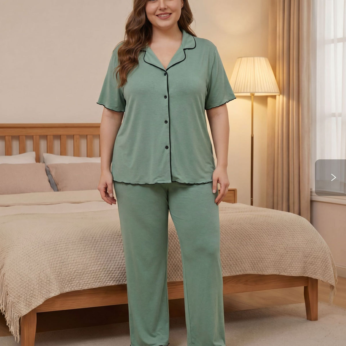 Green Size 2XL | Plus Size Green Loungewear Set | Christmas Refreshing Gift | Button Front Short Sleeve Relaxed Homewear Two-Piece