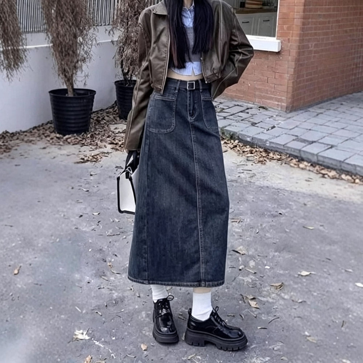 Cement Gray Size M | Vintage High Waist A-Line Denim Skirt | Christmas Tummy-Hiding Slimming Gift | Mid-Length Loose Casual Midi Skirt