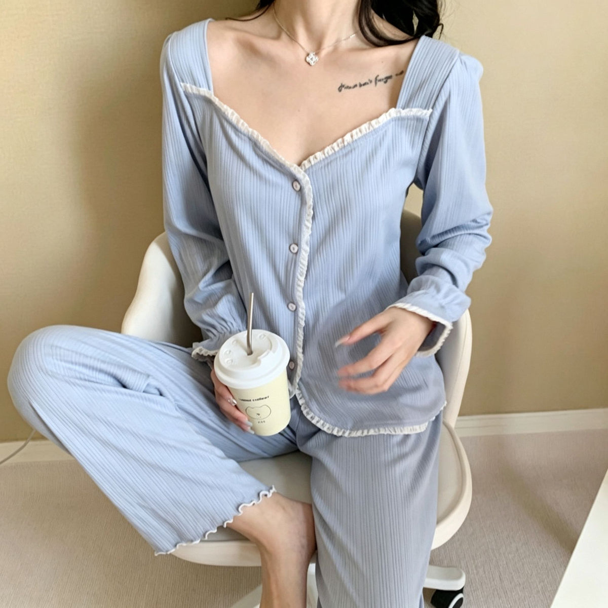 Orchid Lace Trim Size XL | Plus Size Ribbed Lace Pajamas | Christmas Delicate Girly Gift | Long Sleeve Loose Women's Loungewear Set