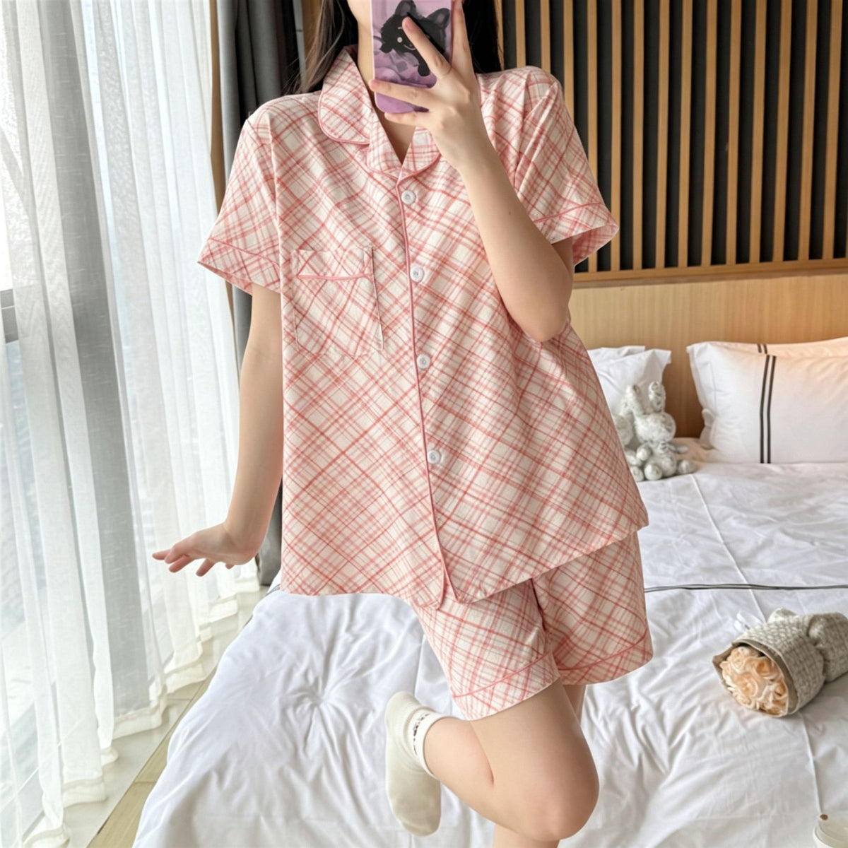 Pink Line Size XL | Bubble Crinkle Plus Size Short Pajamas | Christmas Minimalist Gift | Plus Size Friendly Loose Women's Loungewear