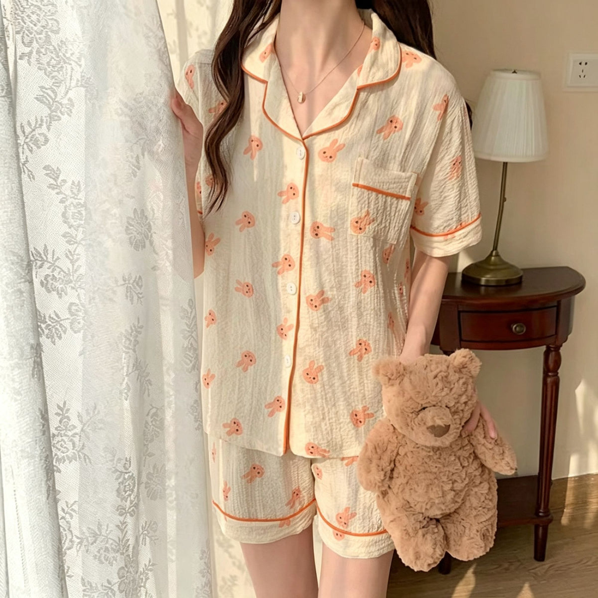 Orange Bunny Head Size L | Bubble Crinkle Short-Sleeve Shorts Pajama Set | Christmas Bright Bunny Gift | Tummy-Covering Cute Loose Women's Homewear