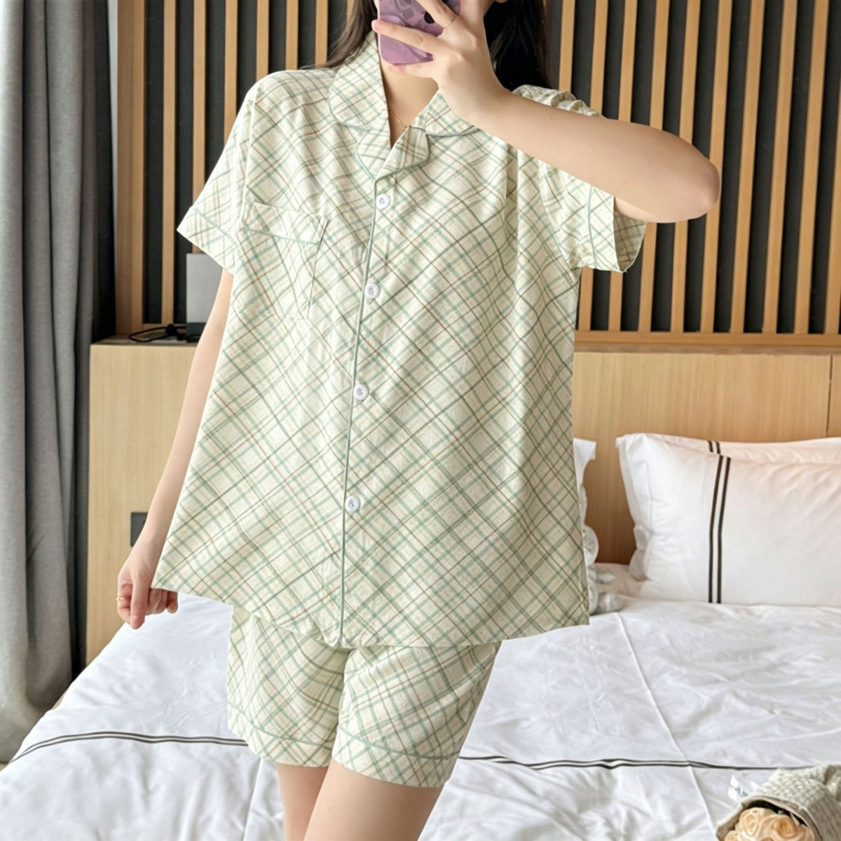 Green Line Size XL | Bubble Crinkle Plus Size Short Pajamas | Christmas Fresh Versatile Gift | Plus Size Friendly Loose Women's Loungewear