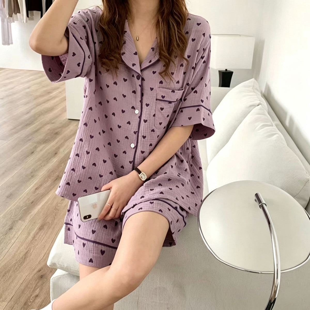 Purple Heart Size XL | Bubble Crinkle Plus Size Short Pajamas | Christmas Romantic Girly Gift | Plus Size Friendly Loose Women's Loungewear