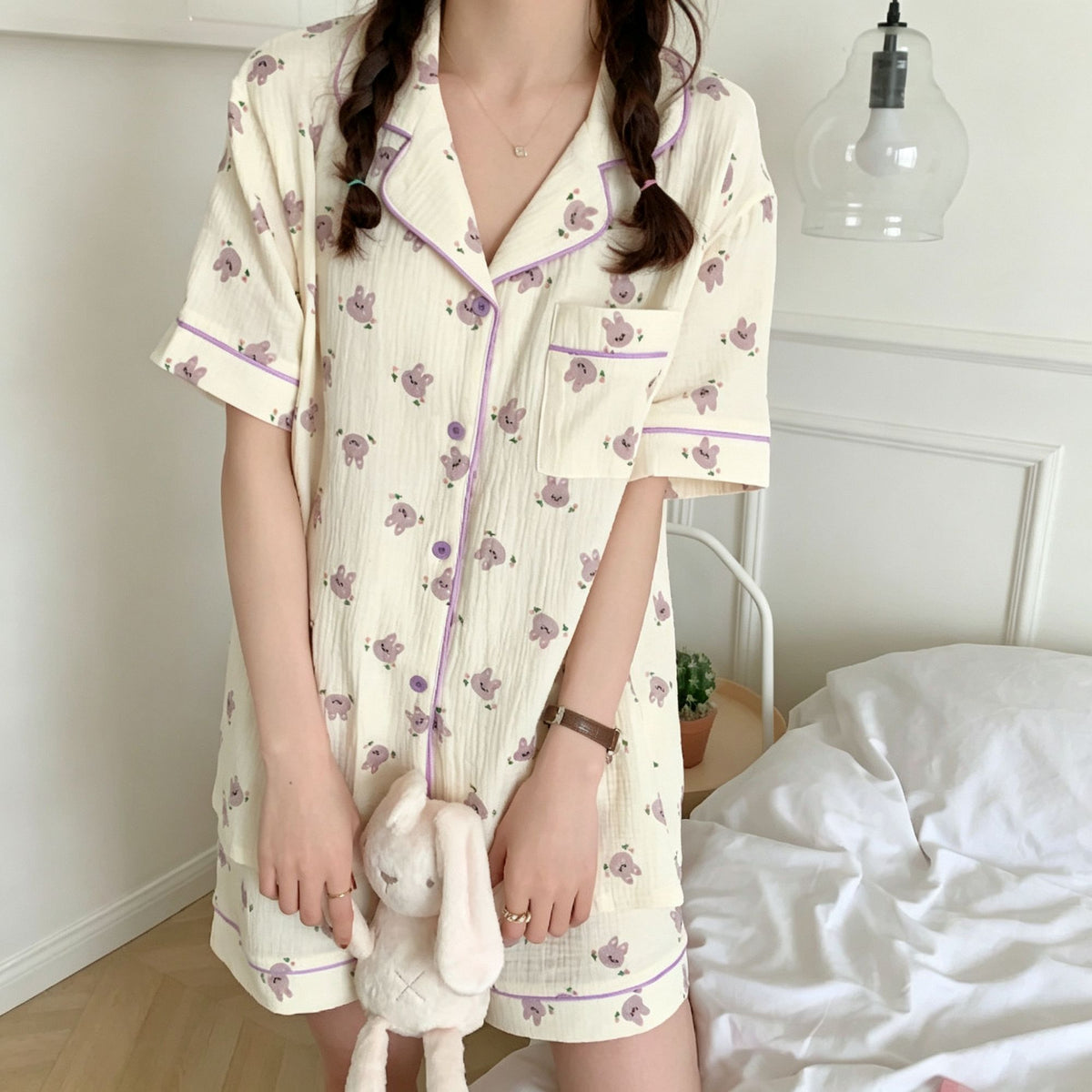 Purple Bunny Head Size XL | Bubble Crinkle Plus Size Short Pajamas | Christmas Purple Girly Gift | Plus Size Friendly Loose Women's Loungewear