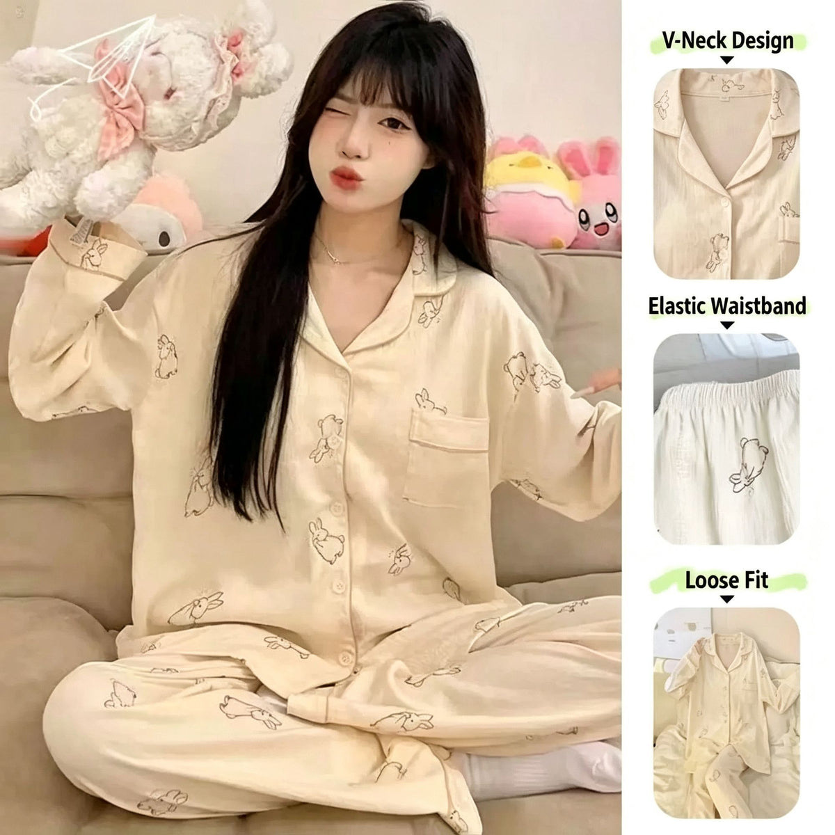 Cloud Cotton C324.21 Size L | Cloud Cotton Long Sleeve Pants Pajama Set | Christmas Breathable Gift | Tummy-Covering Airy Loose Women's Homewear