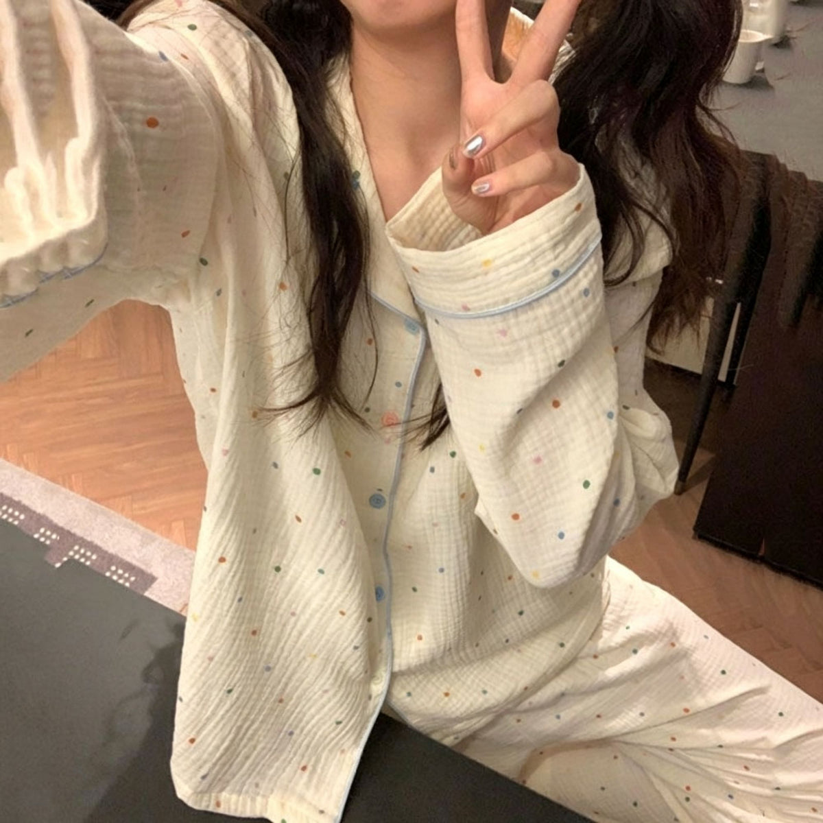 Cloud Cotton C324.33 Size L | Cloud Cotton Long Sleeve Pants Pajama Set | Christmas Draped Loose Gift | Tummy-Covering Flowy Loose Women's Homewear