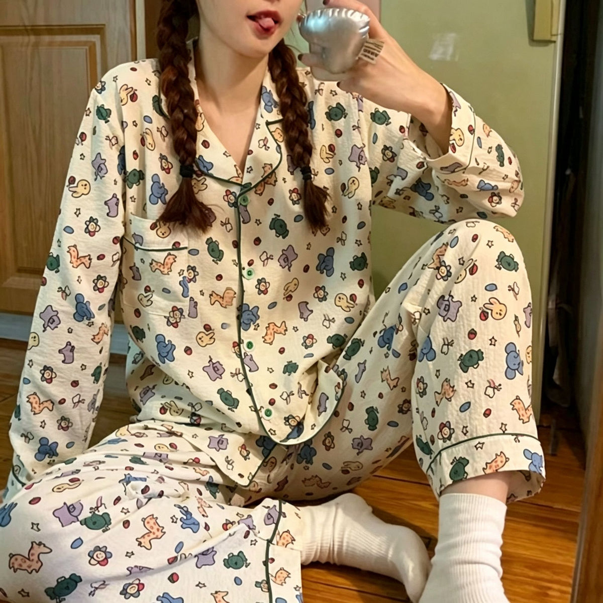 Zoo Animal Crinkle Size XL | Plus Size Crinkled Pajamas | Christmas Animal Girly Gift | Plus Size Friendly Cartoon Loungewear