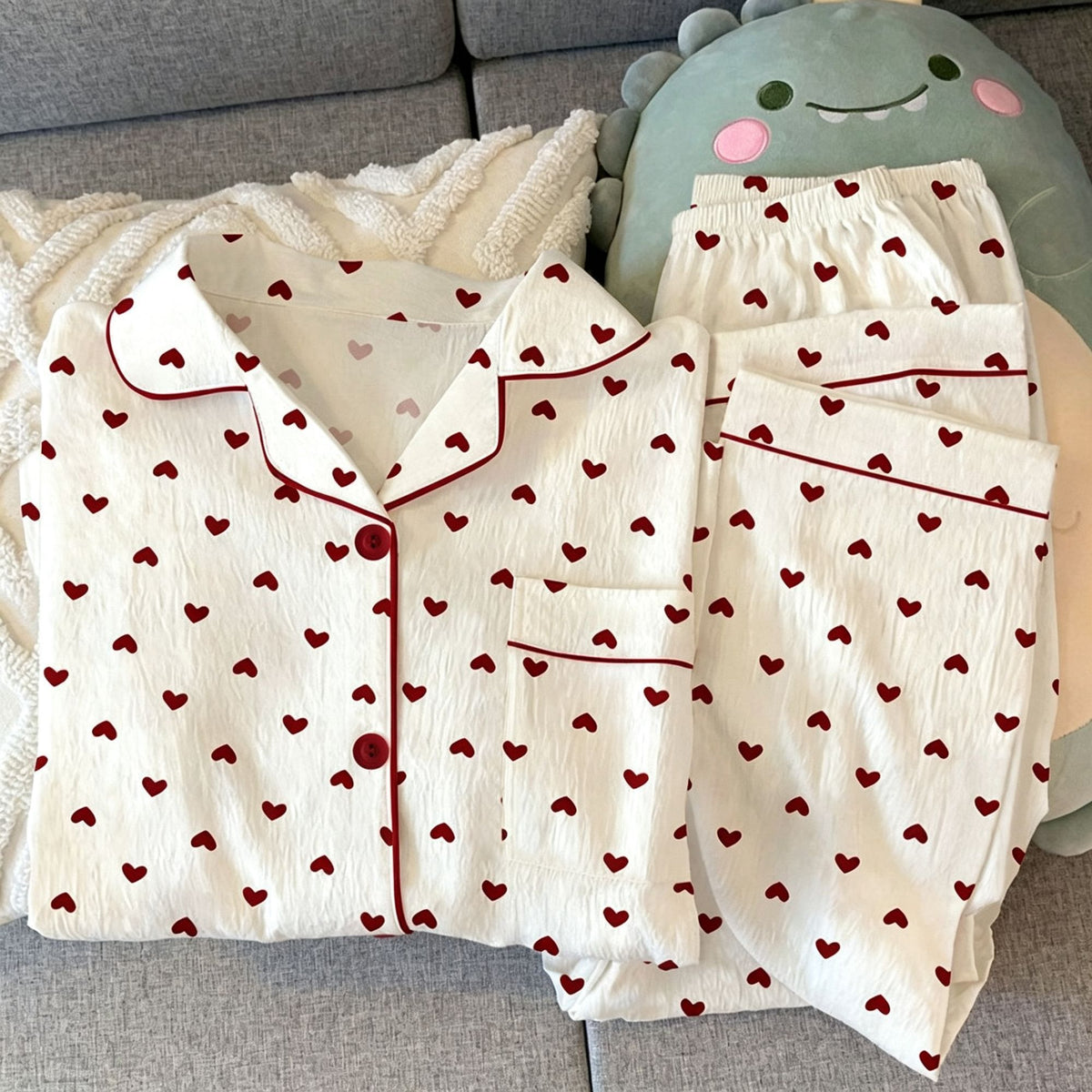 Pink Peach Heart Crinkle Size XL | Plus Size Crinkled Pajamas | Christmas Sweet Girly Gift | Plus Size Friendly Sweet Loungewear