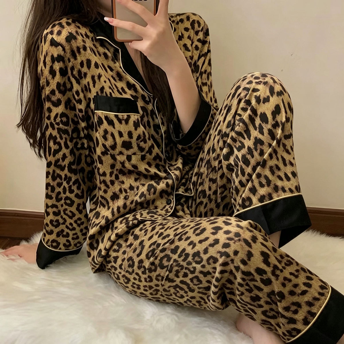 Brown Leopard Black Collar Size L | Leopard Print Black Collar Pajama Set | Christmas Chic Leopard Gift | Tummy-Covering Stylish Loose Women's Homewear
