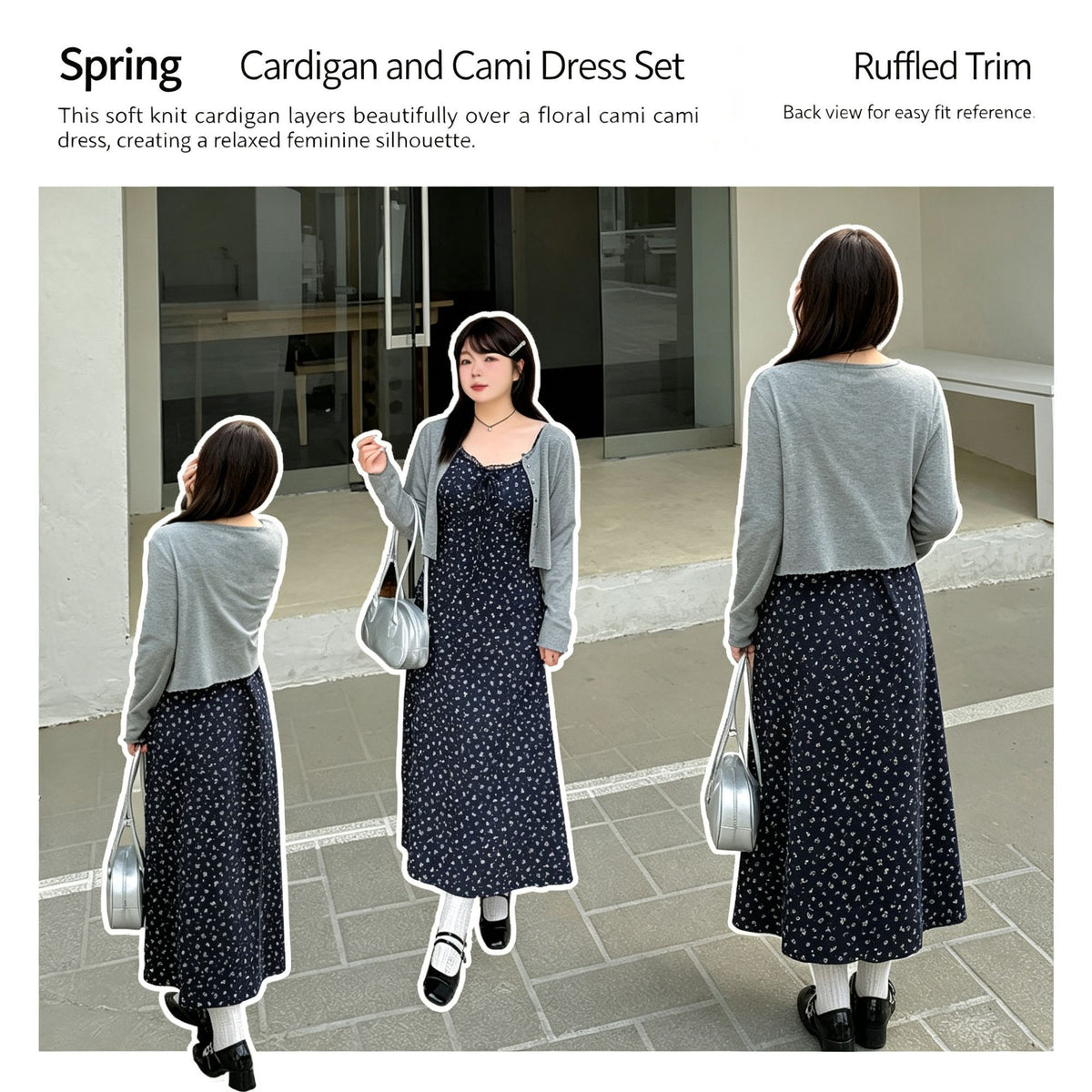Dark Gray Size 2XL (Recommended 75.5-85kg / 166.4-187.4lbs) | Plus Size Spring Dress Suit | Christmas Tummy-Concealing Gift | Loose Fit Long Sleeve Cardigan Floral Dress Set