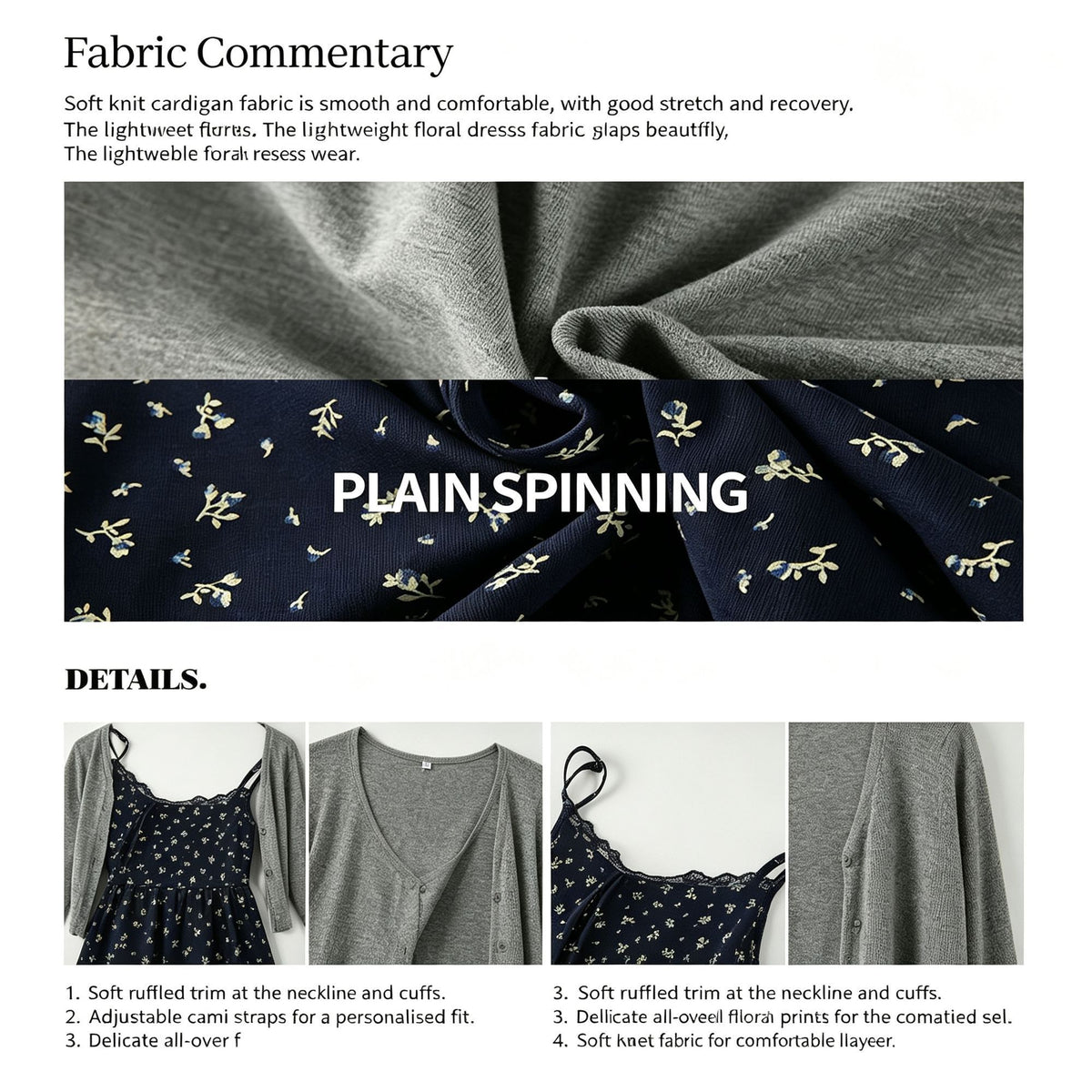 Dark Gray Size 2XL (Recommended 75.5-85kg / 166.4-187.4lbs) | Plus Size Spring Dress Suit | Christmas Tummy-Concealing Gift | Loose Fit Long Sleeve Cardigan Floral Dress Set