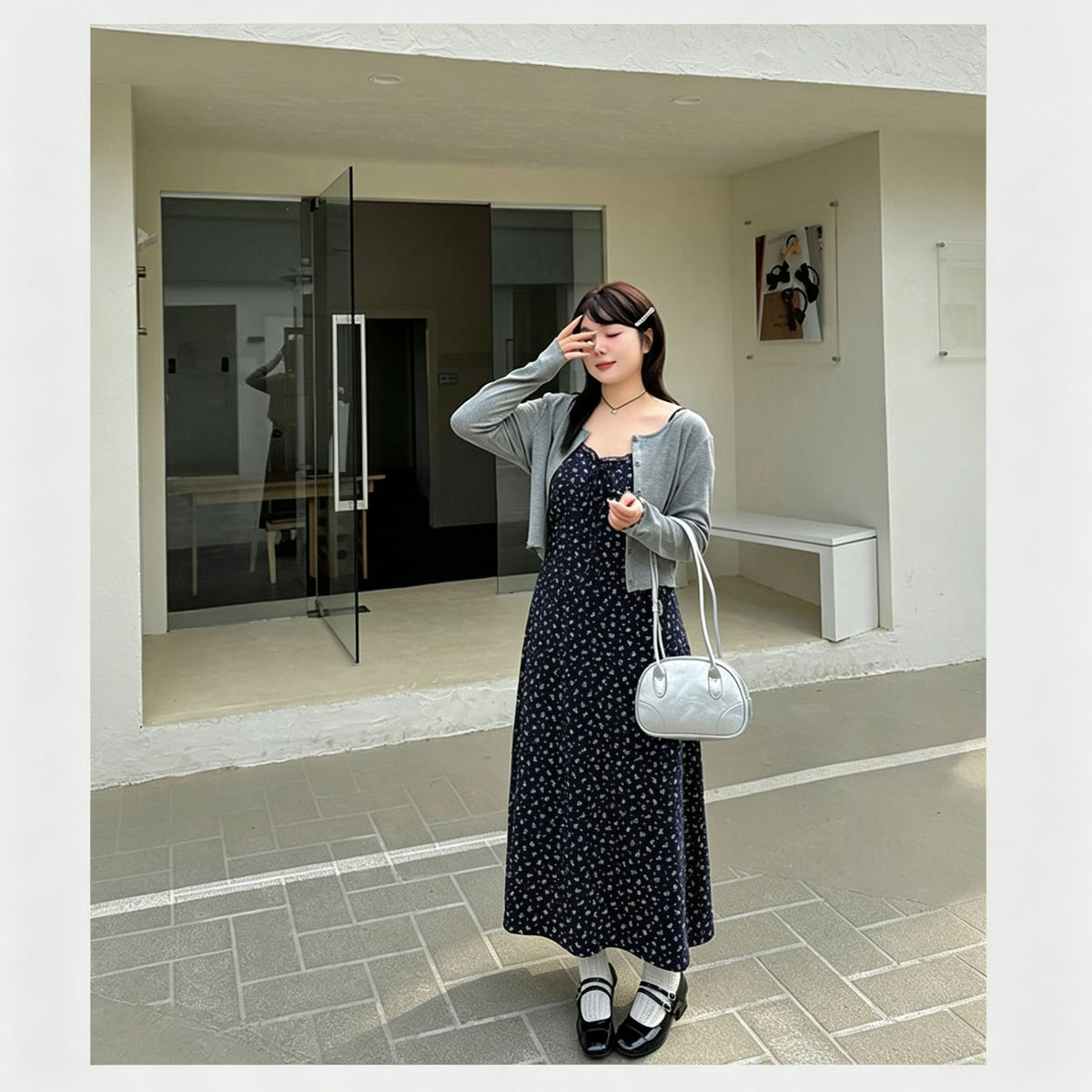 Dark Gray Size 3XL (Recommended 85.5-95kg / 188.5-209.4lbs) | Curvy Fit Two-Piece Dress | Halloween Curvy Friendly Gift | Roomy Long Sleeve Cardigan Floral Slip Dress Set