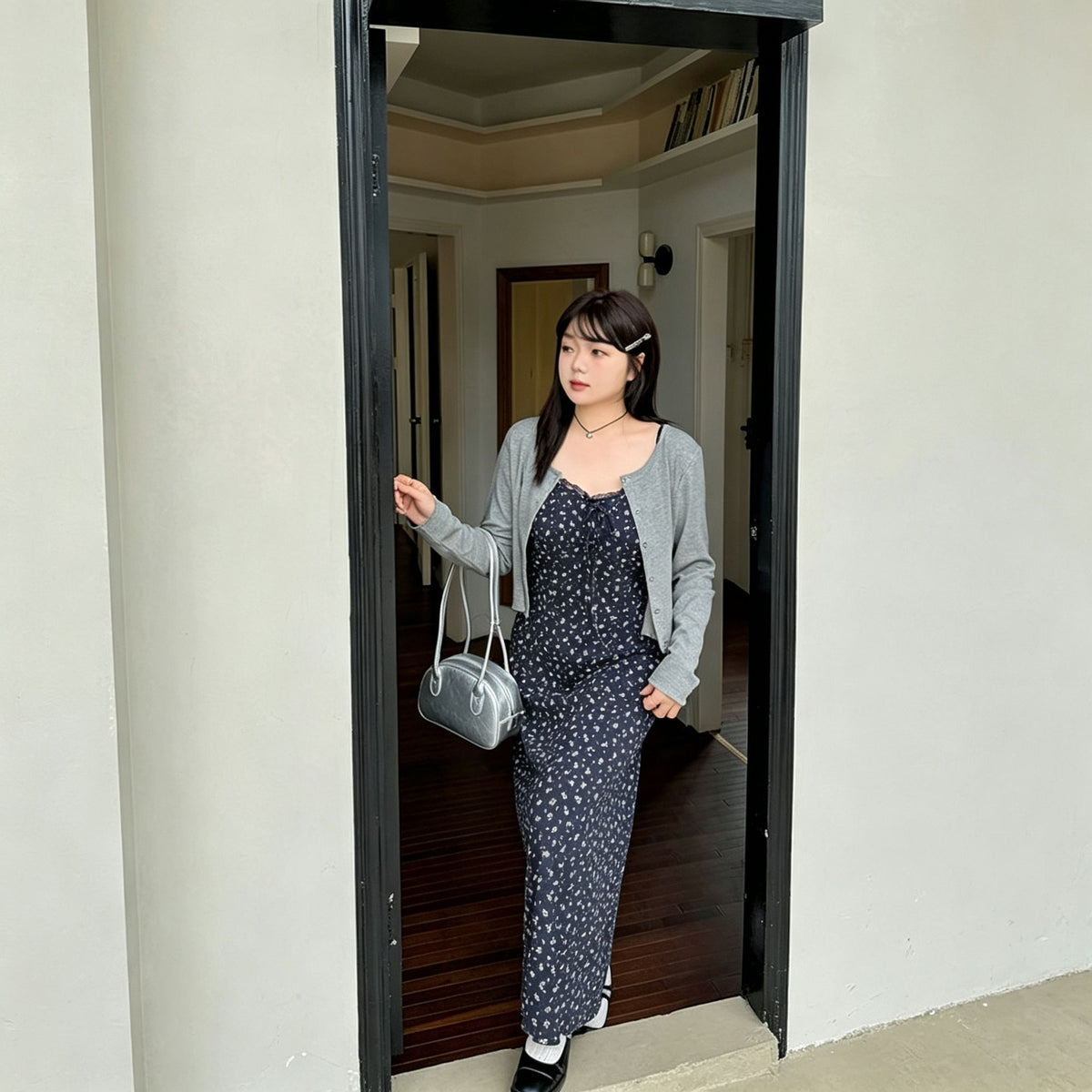 Dark Gray Size 3XL (Recommended 85.5-95kg / 188.5-209.4lbs) | Curvy Fit Two-Piece Dress | Halloween Curvy Friendly Gift | Roomy Long Sleeve Cardigan Floral Slip Dress Set