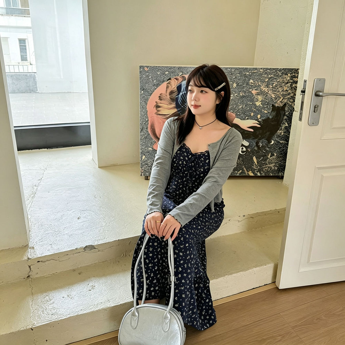 Dark Gray Size 3XL (Recommended 85.5-95kg / 188.5-209.4lbs) | Curvy Fit Two-Piece Dress | Halloween Curvy Friendly Gift | Roomy Long Sleeve Cardigan Floral Slip Dress Set