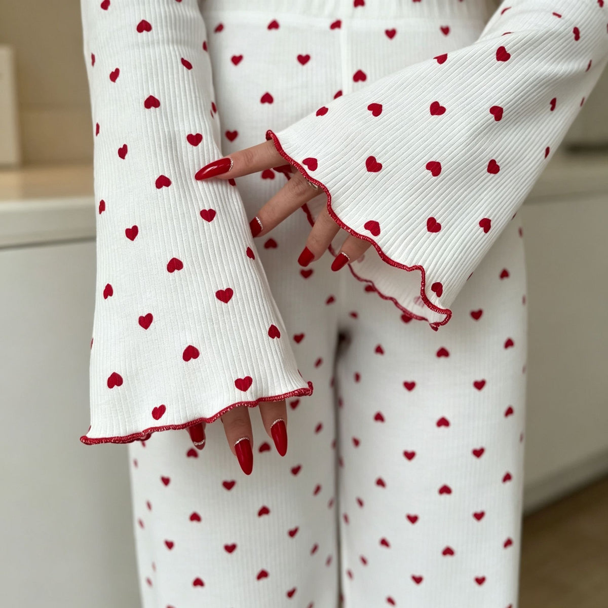 White Base Cherry Size M | Flared Sleeve Ruffle Trim Sleepwear Set | Halloween Daily Casual Gift | All-Match Print Long Sleeve Long Pants Women's Homewear