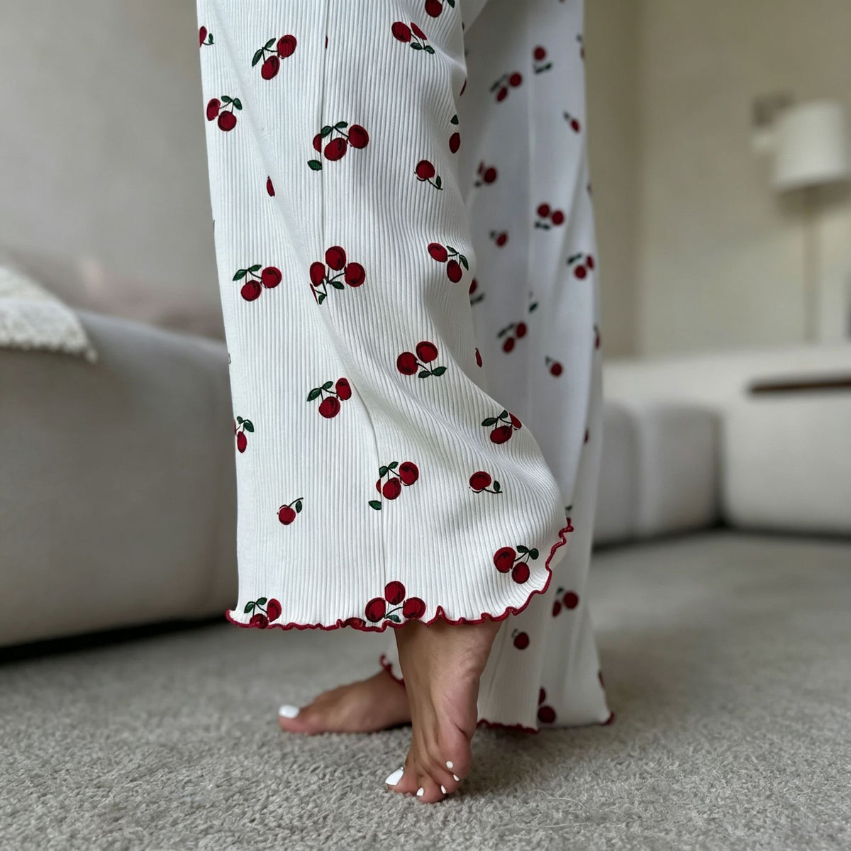 White Base Cherry Size M | Flared Sleeve Ruffle Trim Sleepwear Set | Halloween Daily Casual Gift | All-Match Print Long Sleeve Long Pants Women's Homewear