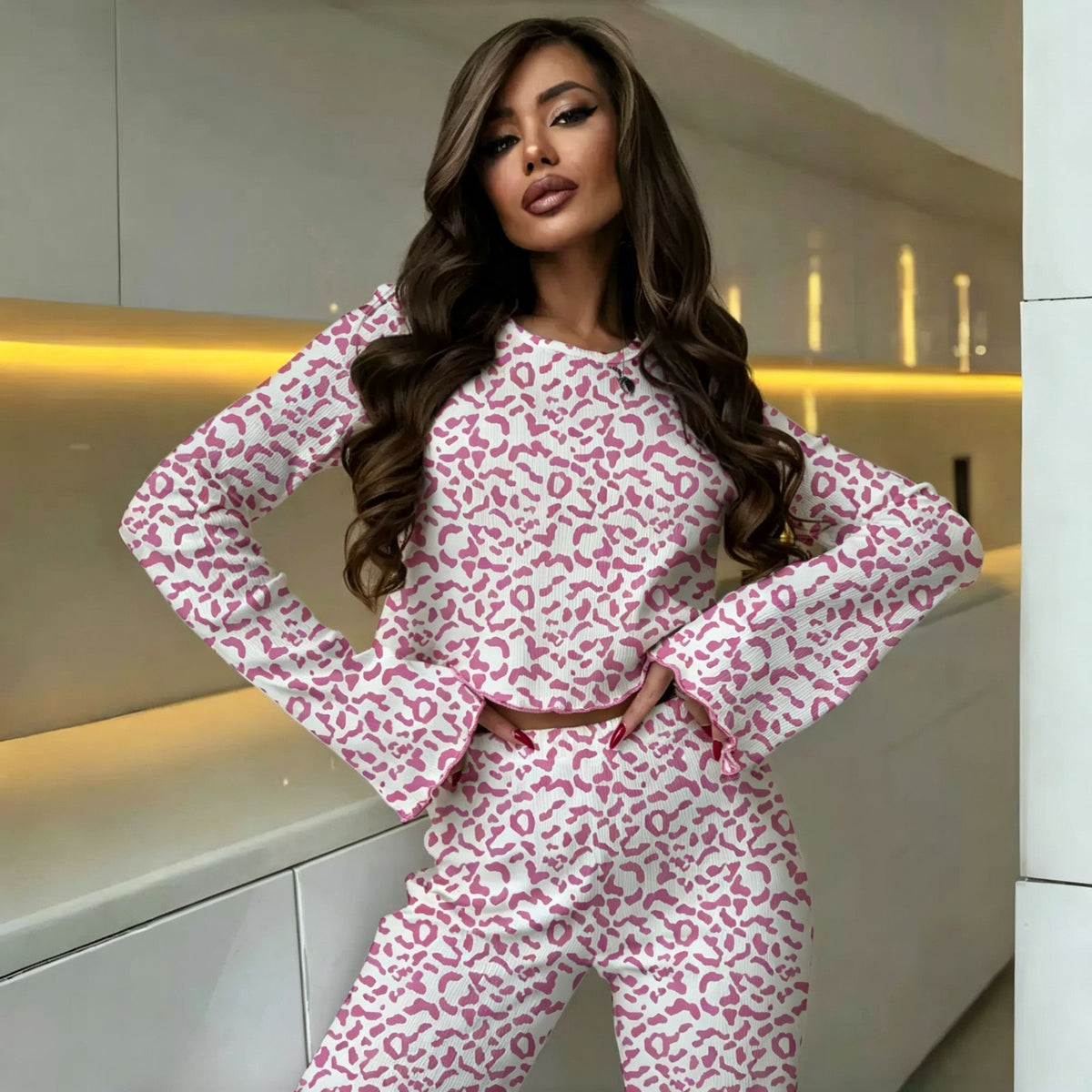 Pink Leopard Size S | Petite Slim Leopard Pajamas | Christmas Sexy Slim Gift | Body-Flattering Bell Sleeve Spring Fall Women's Sleepwear