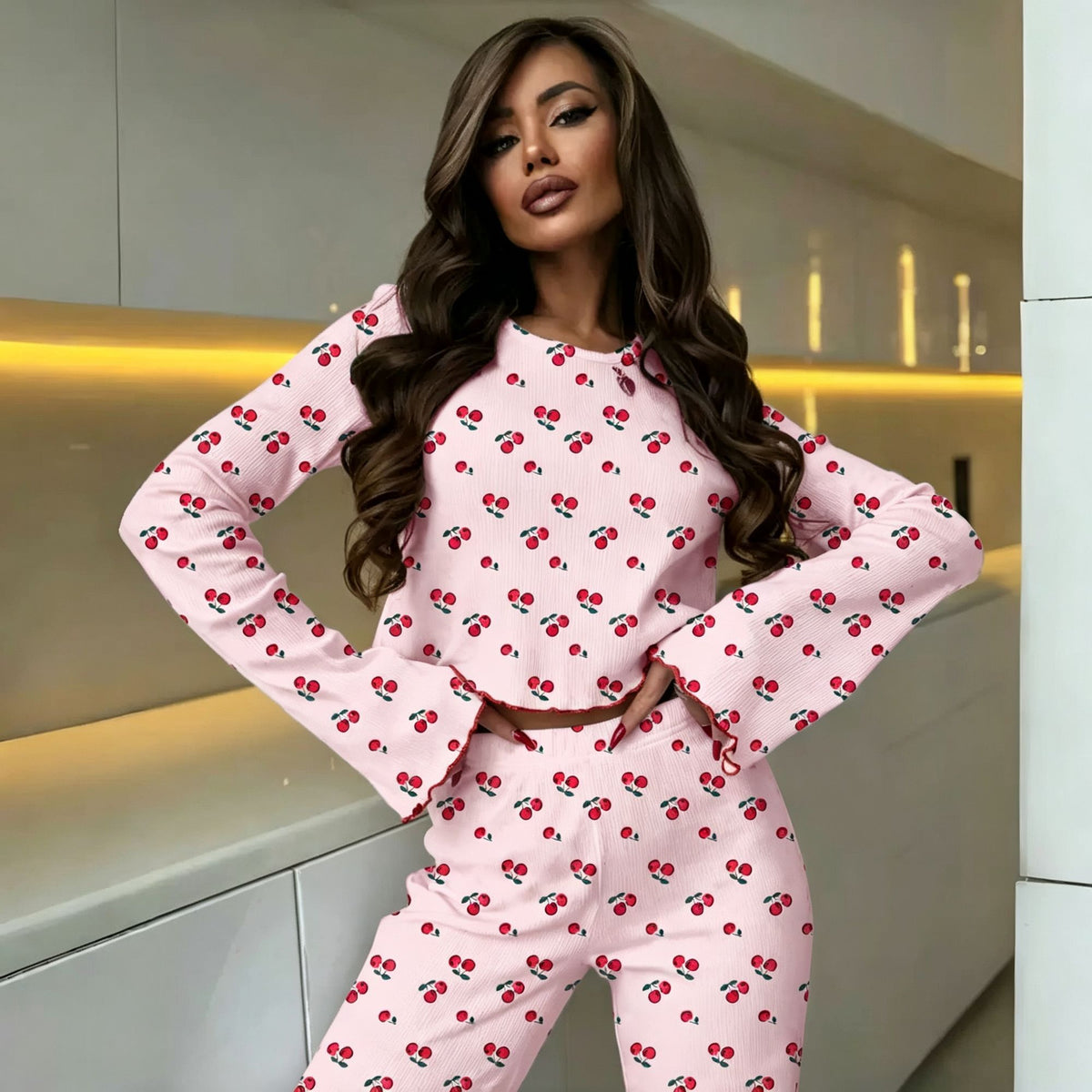 Pink Cherry Size S | Petite Sweet Cherry Pajamas | Christmas Petite Sweet Gift | Slim Fit Bell Sleeve Spring Fall Women's Sleepwear