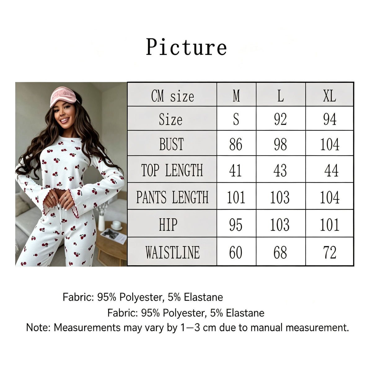 Pink Cherry Size S | Petite Sweet Cherry Pajamas | Christmas Petite Sweet Gift | Slim Fit Bell Sleeve Spring Fall Women's Sleepwear
