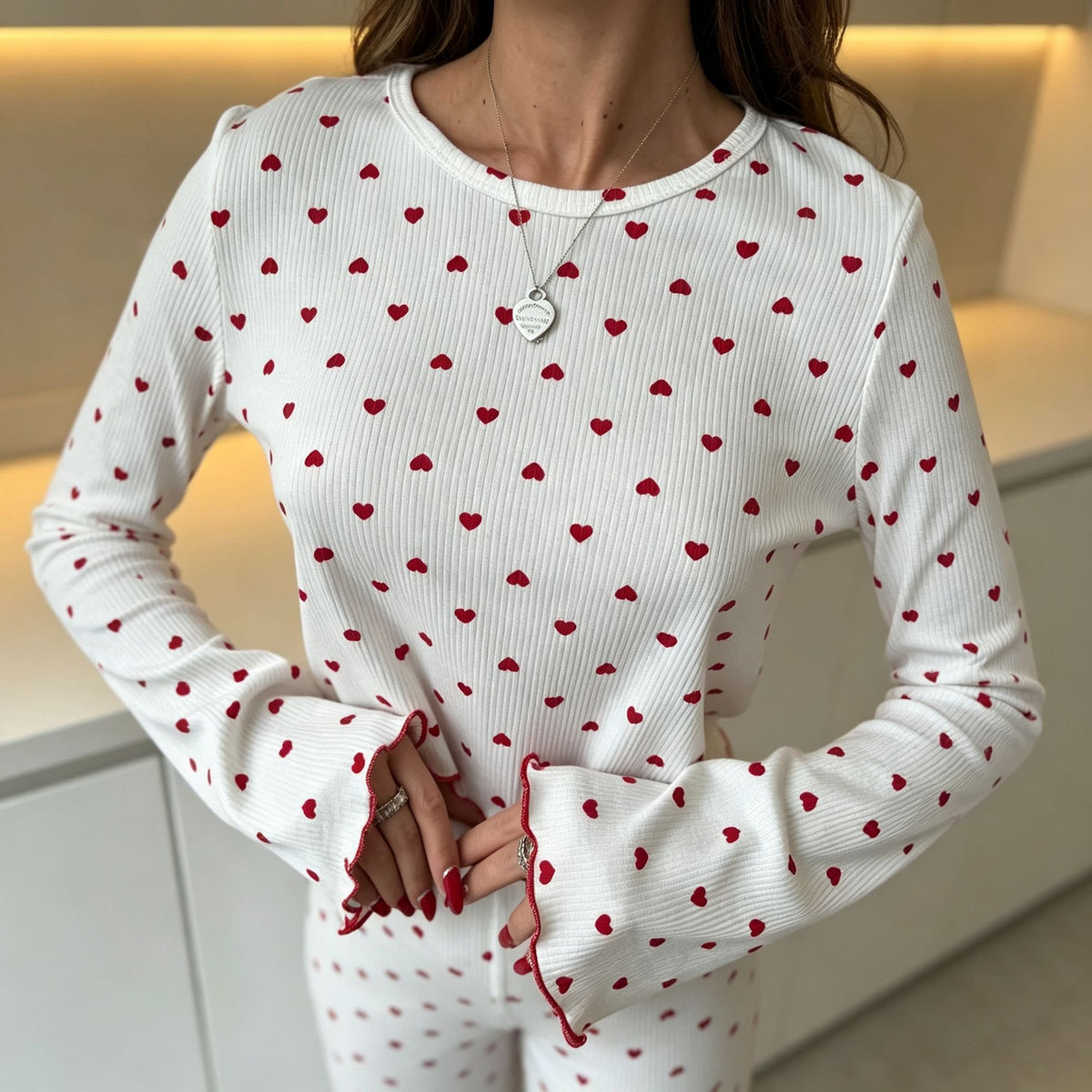 Pink Cherry Size S | Petite Sweet Cherry Pajamas | Christmas Petite Sweet Gift | Slim Fit Bell Sleeve Spring Fall Women's Sleepwear